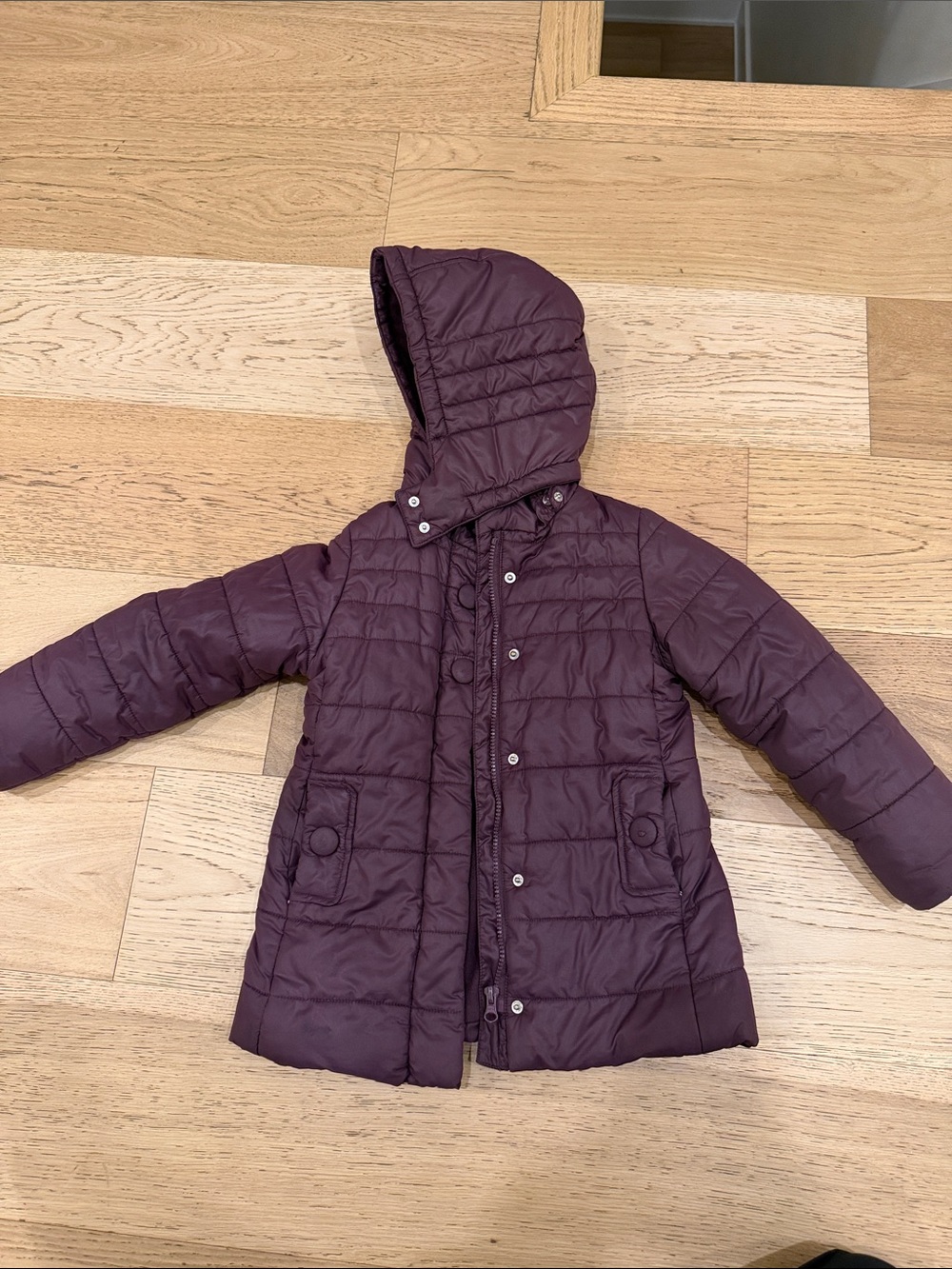 Jacadi Paris 6 Girls Hooded Quilted Puffer Coat in Plum